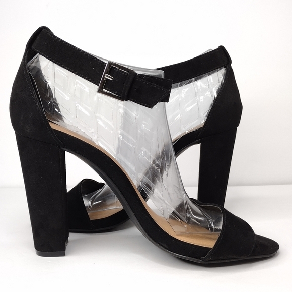 Torrid Women's Black Suede Leather Two Strap Tapered Open Toe Chunky Heel - Picture 7 of 16